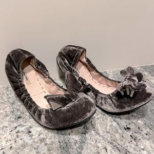 Miu Miu Velvet Bow Ballet Flats in gray.